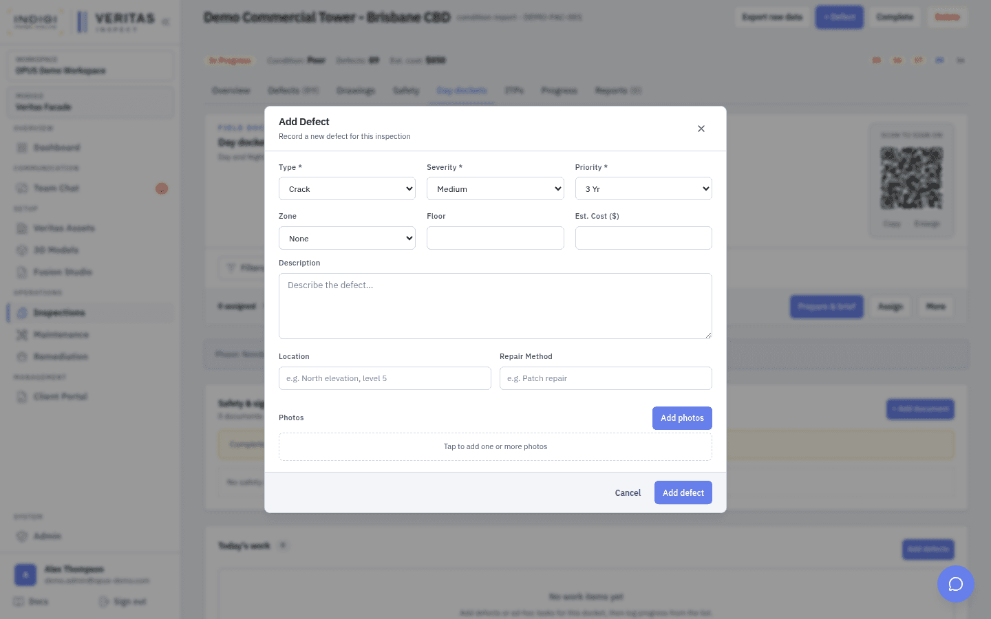 Add Defect modal with type, severity, and priority fields