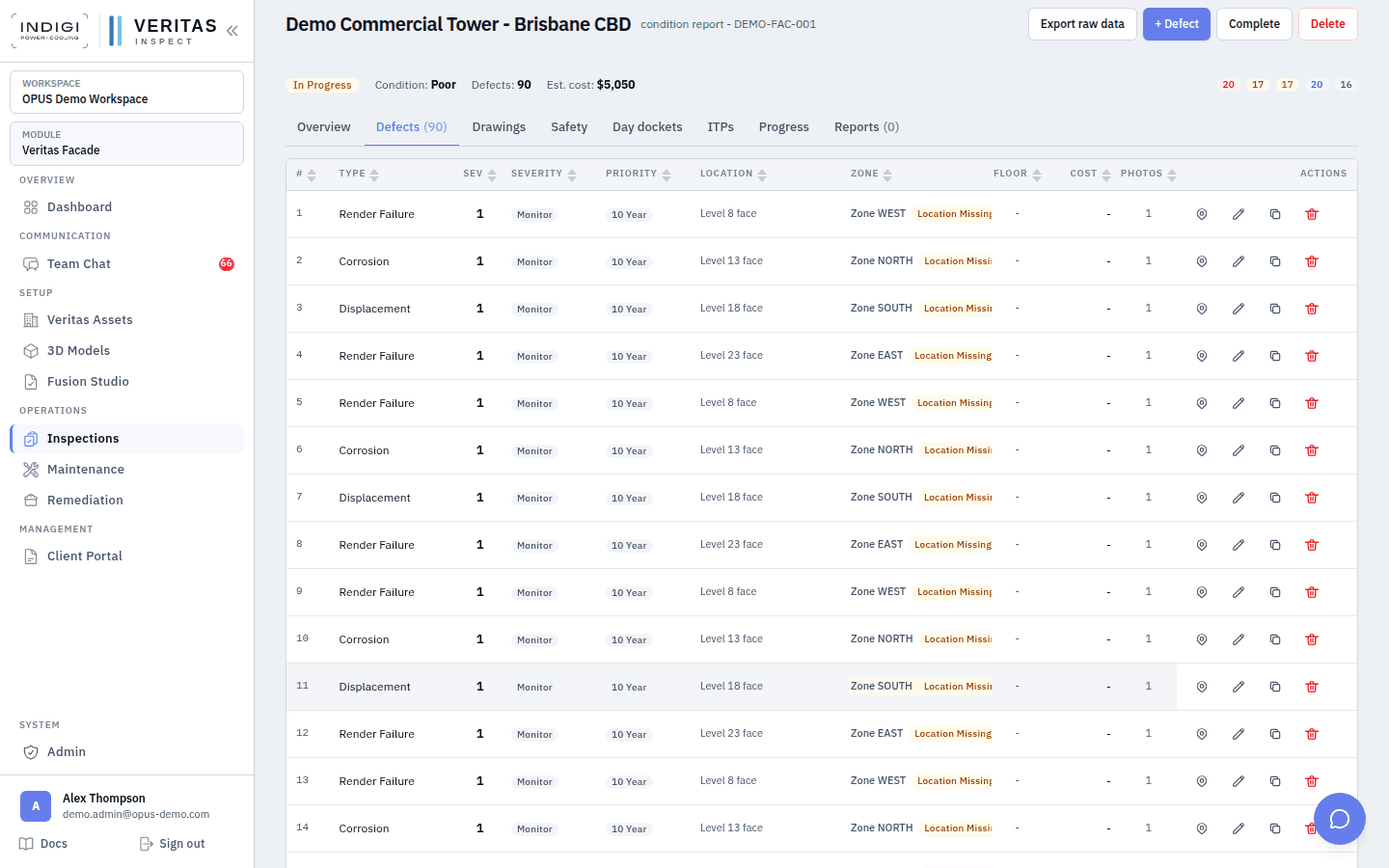 Defects register after adding a new finding