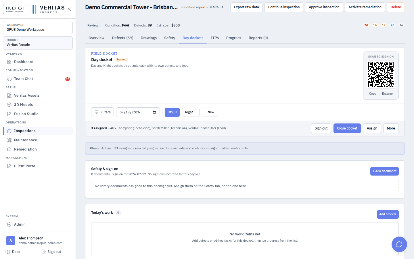 Day docket site feed and today’s work layout