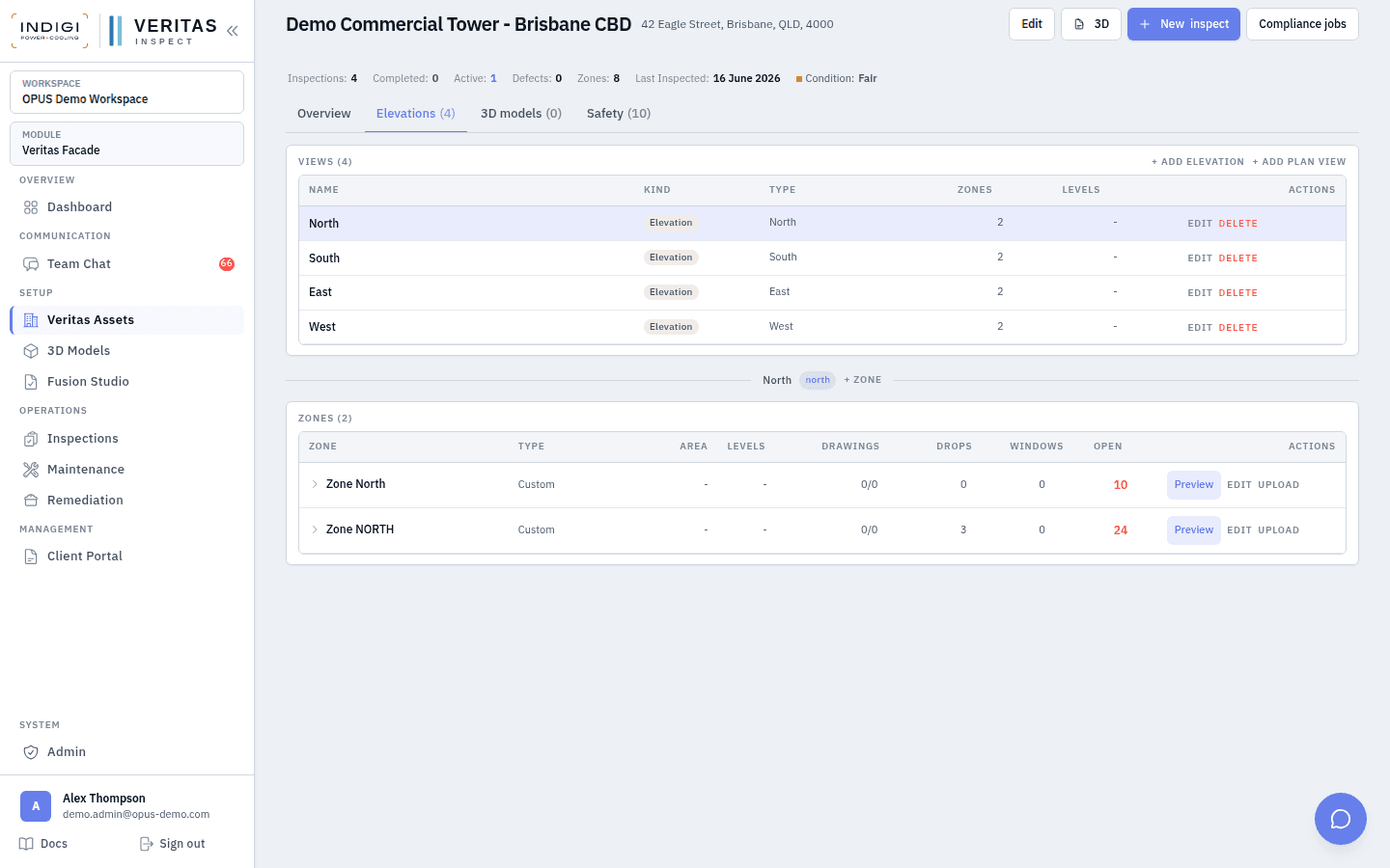 Elevations tab showing facade elevations and drop columns