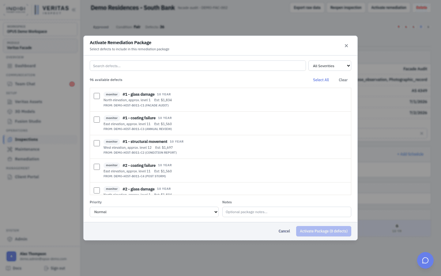 Activate remediation modal listing selectable defects